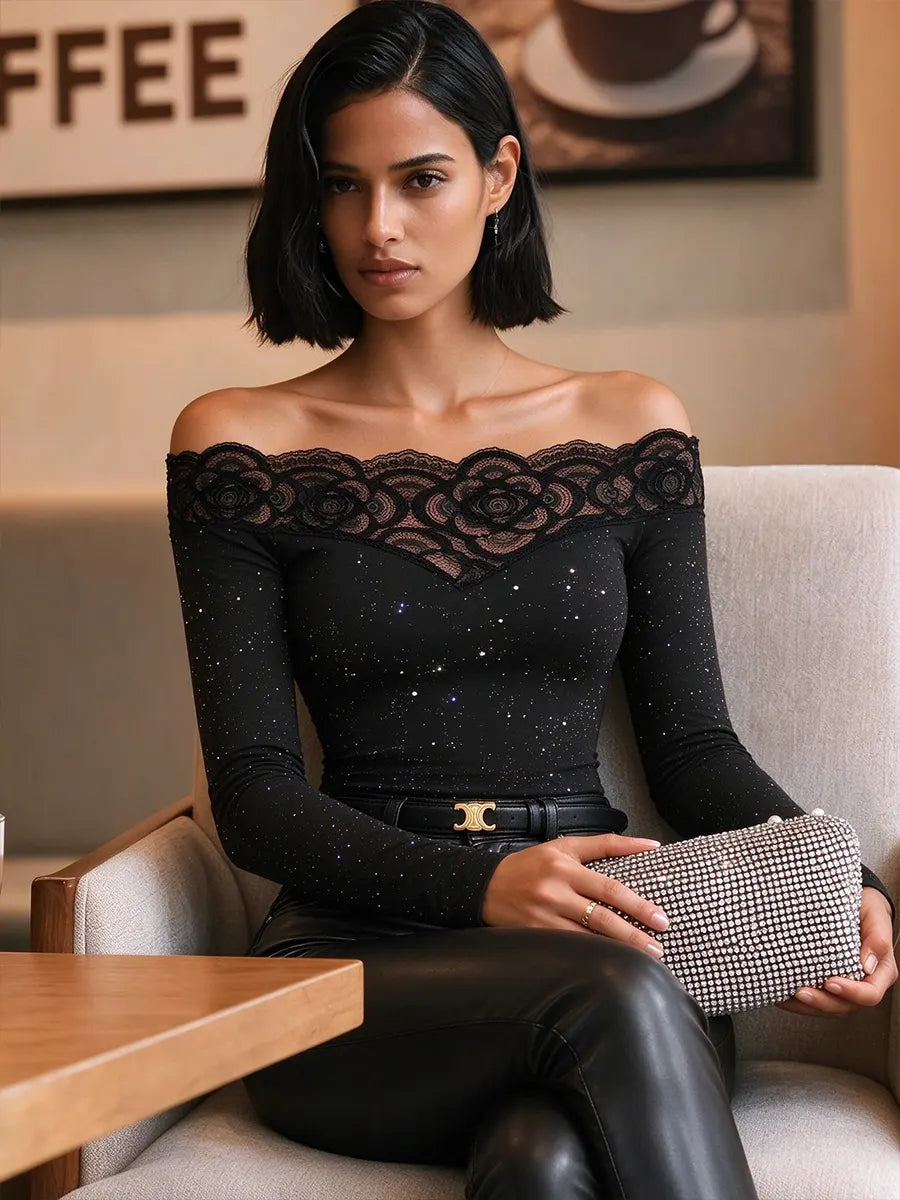 Women's Off Shoulder Lace Long Sleeve Top