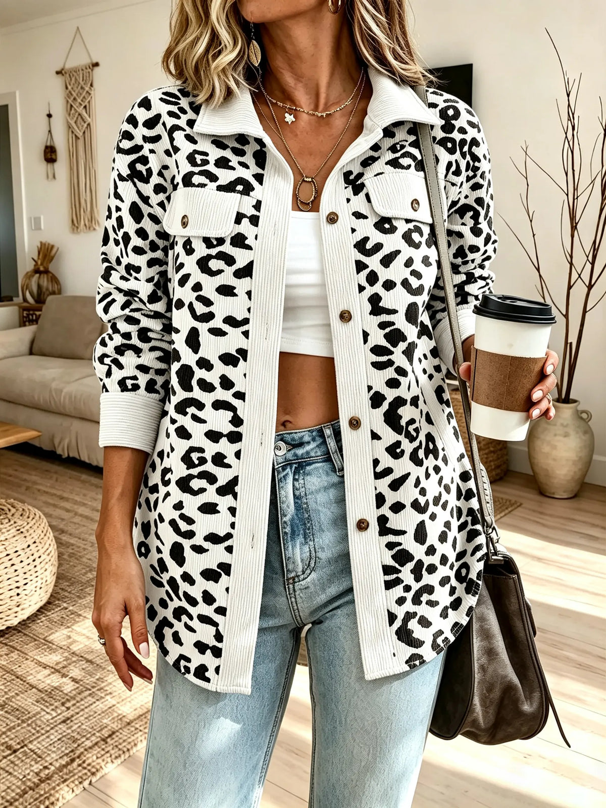 Women Leopard Print Corduroy Collared Jacket