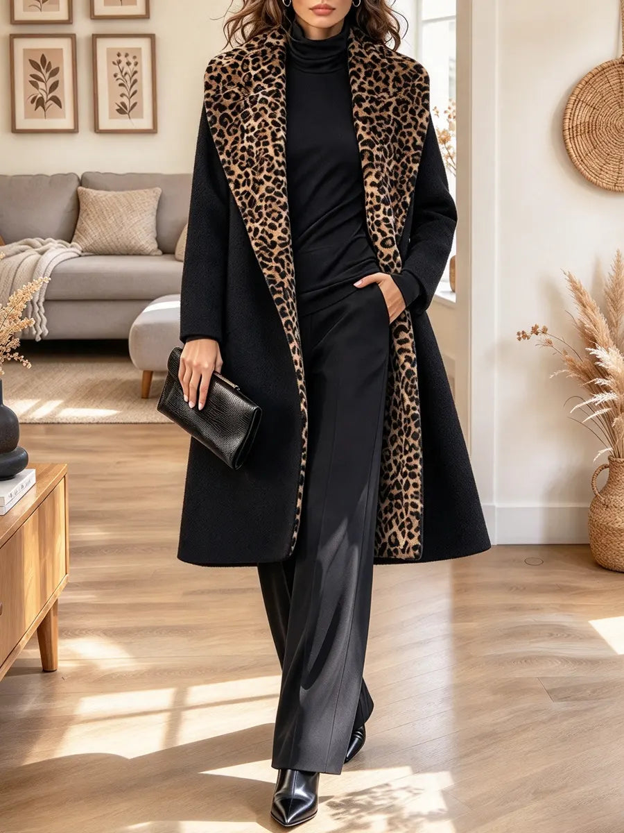 Retro Leopard Pattern Lapel Art Casual Stylish Long Sleeve Coat