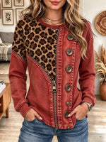 Women's Retro Leopard Print Patchwork Crew Neck Sweatshirt