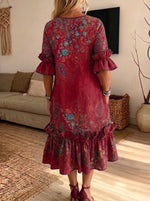 Women Boho Paisley Floral Midi Dress Ruffle 3/4 Sleeve Loose Casual Dress With Pockets
