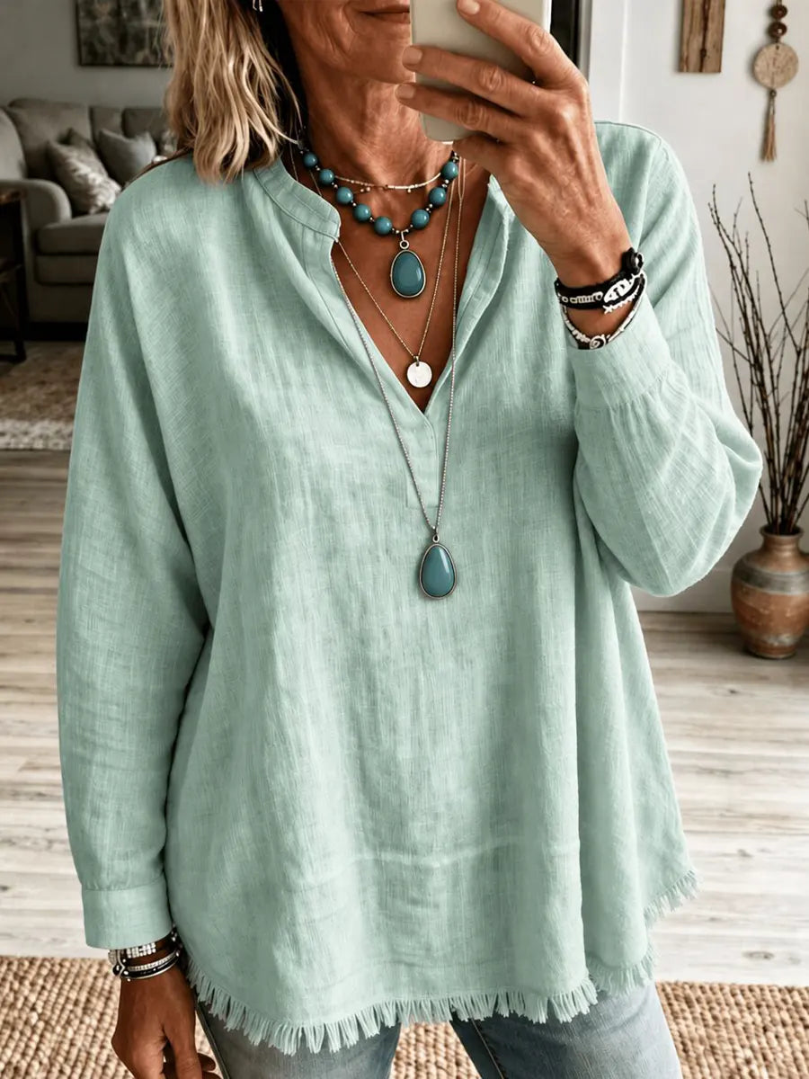 Retro Solid Color Art V Collar Casual Long Sleeve Cotton Linen Shirt