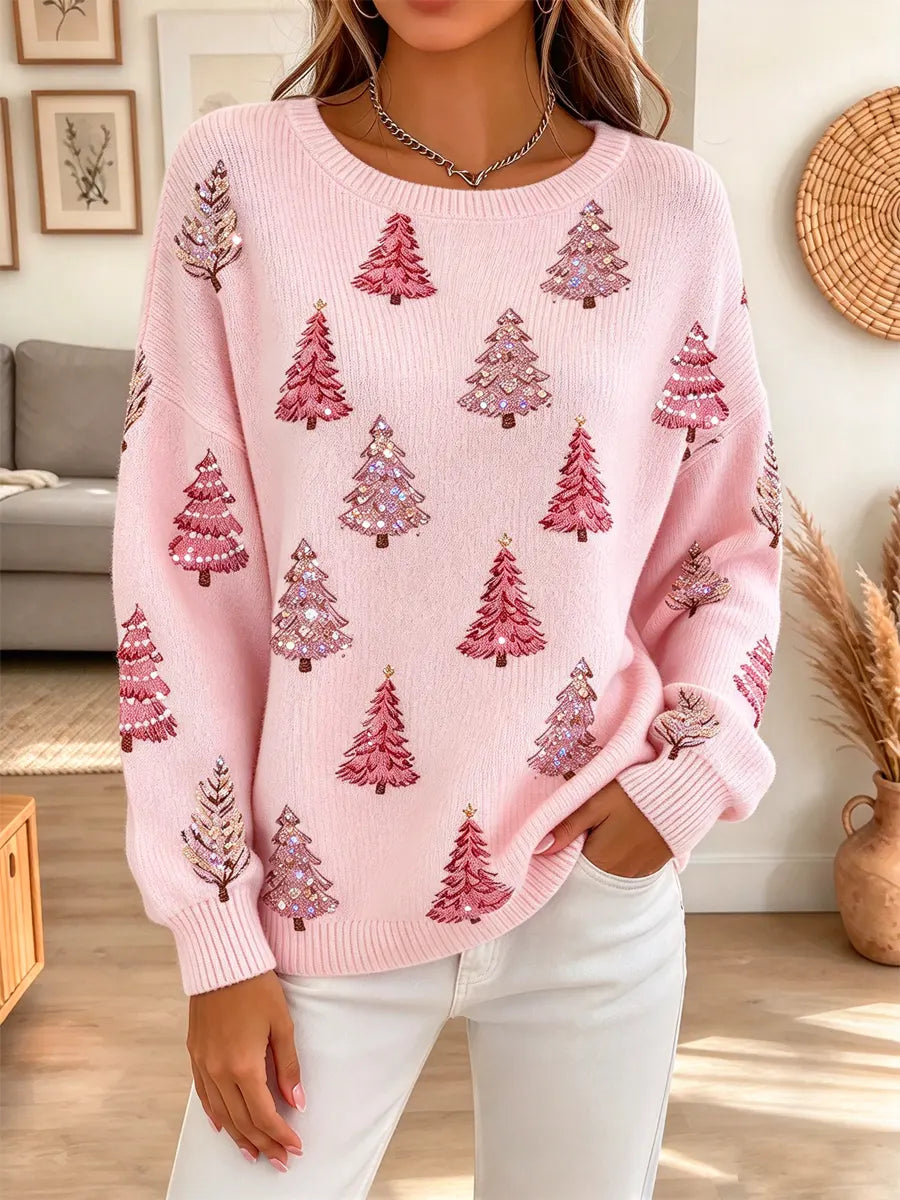 Christmas Tree Pattern Art Casual Stylish Long Sleeve Knit Sweater
