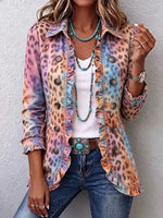 Retro Leopard Pattern Art Print Ruffle Casual Stylish Cotton Lapel Coat