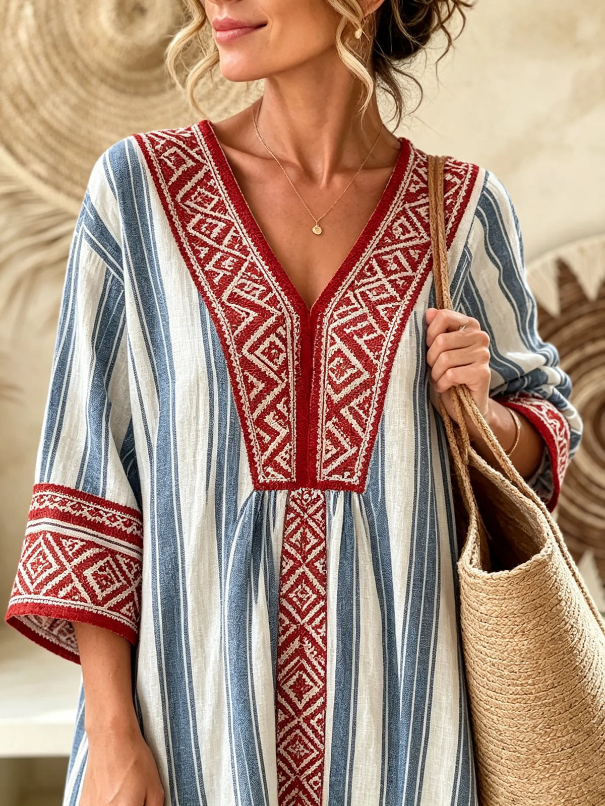 Women’s Blue White Vertical Stripe Ethnic Geometric Print V-Neck Loose Maxi Vacation Dress
