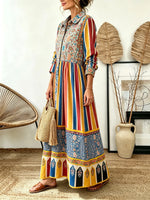 Women's Stripe Paisley Patchwork Print Collared Long Sleeve Maxi Dress