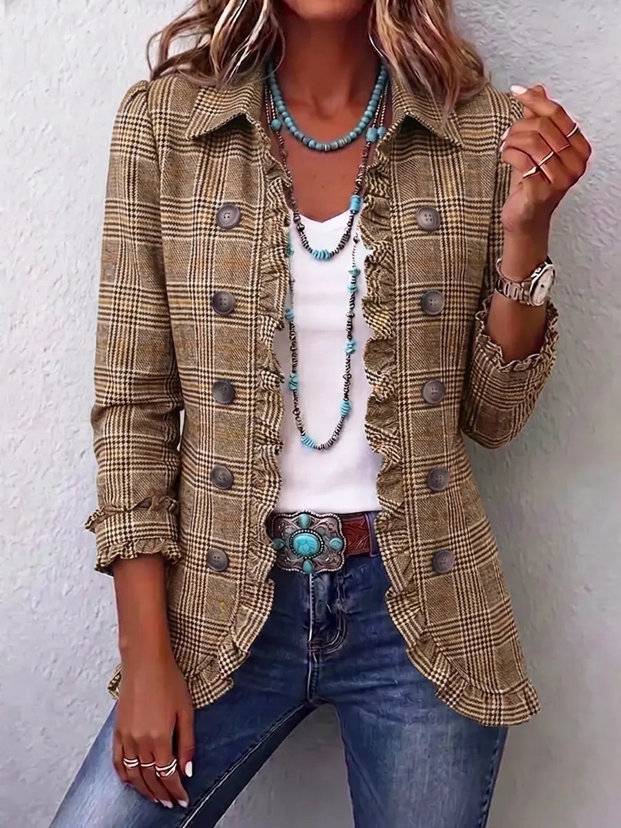 Retro Plaid Pattern Art Print Ruffle Casual Stylish Cotton Lapel Coat
