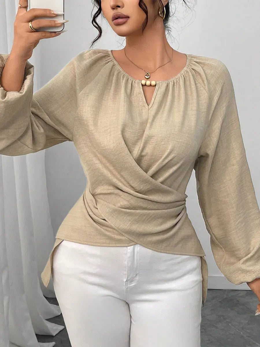 Retro Elegant Solid Color Round Collar Casual Long Sleeve Wrap Stylish Shirt
