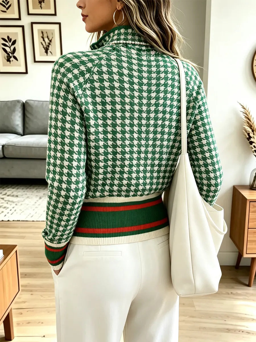 Retro Plaid Pattern Zip Knit Lapel Art Casual Stylish Long Sleeve Cardigan Sweater Coat