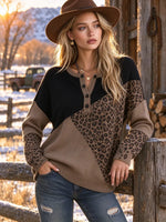 Women's Leopard Print Color Block Henley Collar Long-sleeve Knit Top