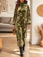 Retro Floral Pattern Art Print Casual Stylish Long Sleeve Velvet Dress