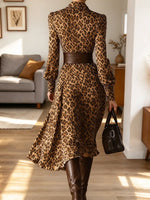 Vintage Chic Leopard Print Lapel Art Casual Stylish Long Sleeve Dress