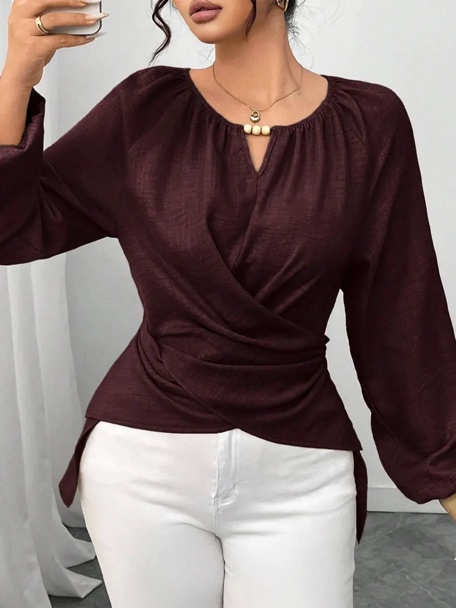Retro Elegant Solid Color Round Collar Casual Long Sleeve Wrap Stylish Shirt