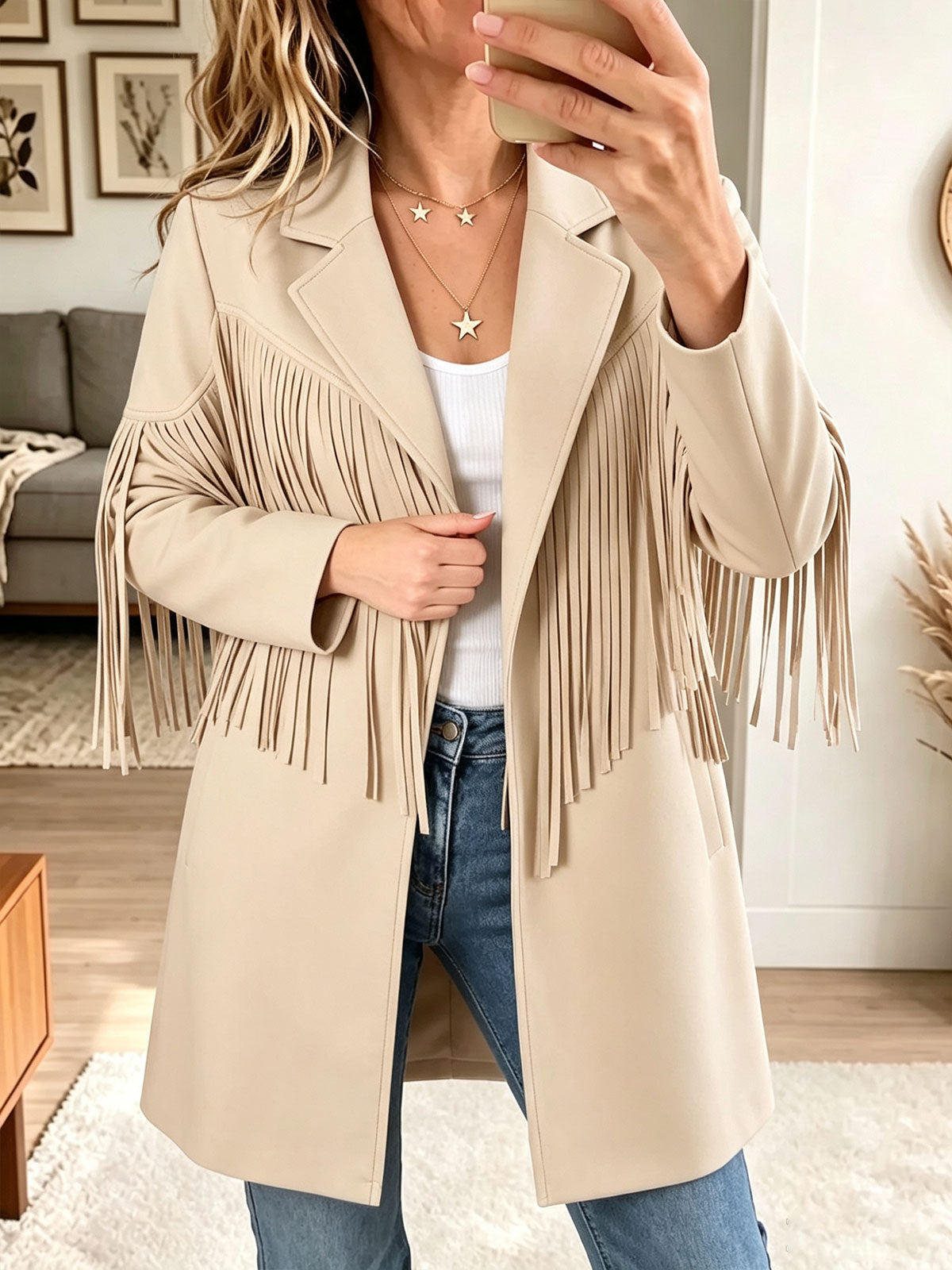 Women Western Faux Suede Fringe Lapel Open Front Mid‑Length Coat