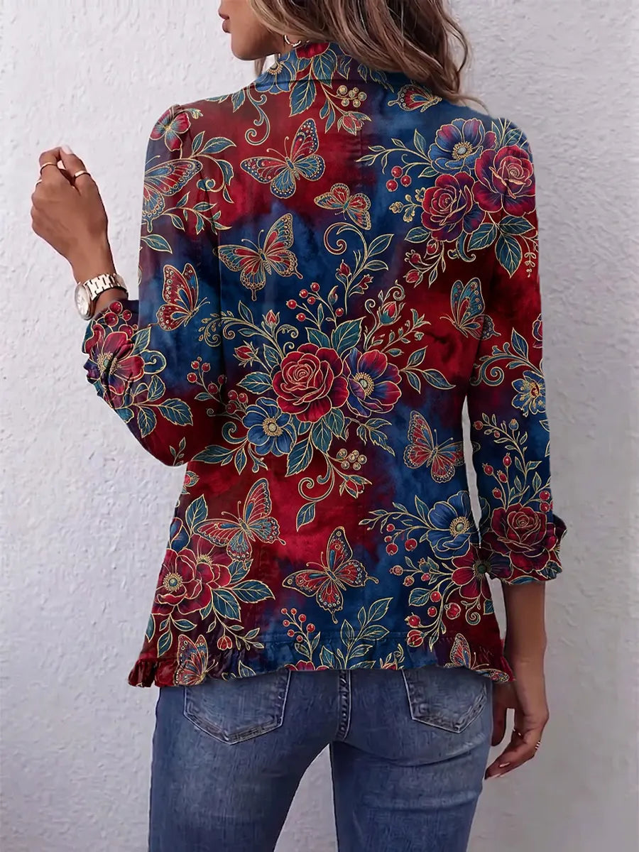Retro Floral Butterfly Pattern Art Print Ruffle Casual Stylish Cotton Lapel Coat