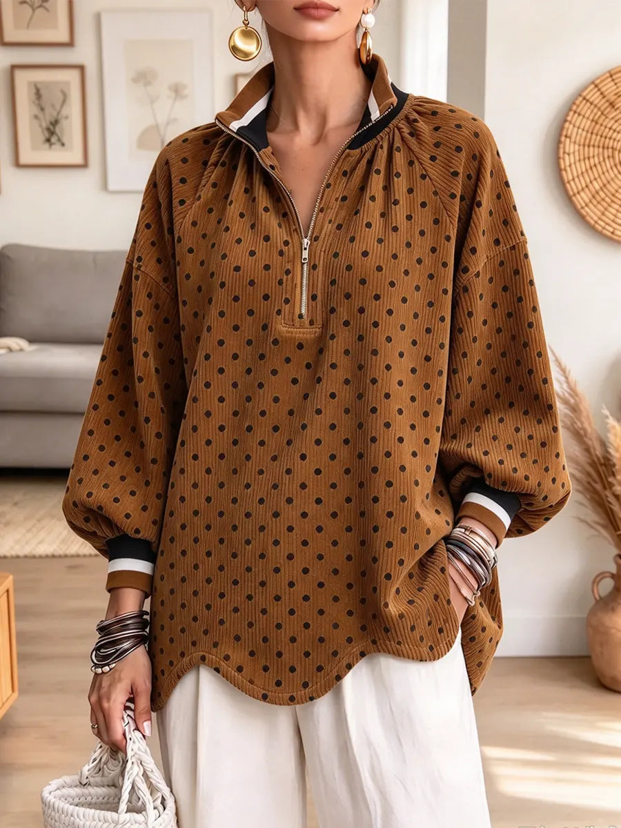 Retro Polka Dot Pattern Art Casual Zip Stylish Long Sleeve Corduroy Top