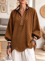 Retro Polka Dot Pattern Art Casual Zip Stylish Long Sleeve Corduroy Top
