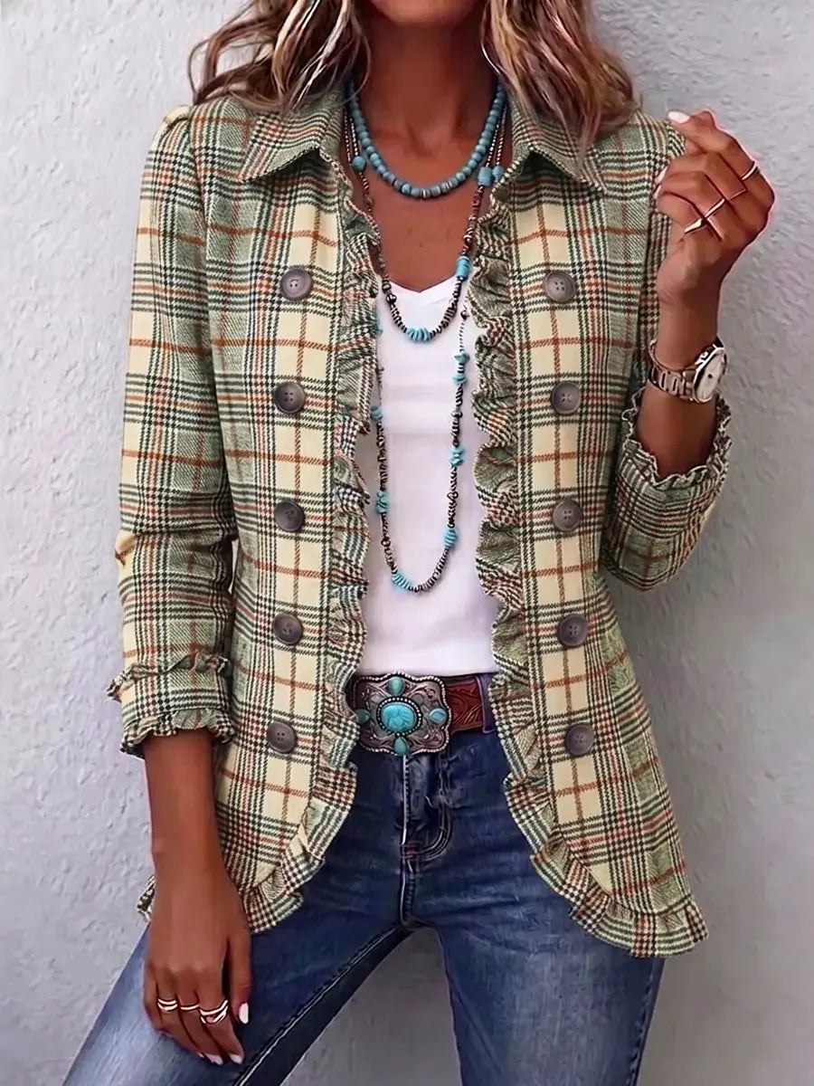 Retro Plaid Pattern Art Print Ruffle Casual Stylish Cotton Lapel Coat