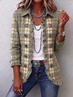 Retro Plaid Pattern Art Print Ruffle Casual Stylish Cotton Lapel Coat