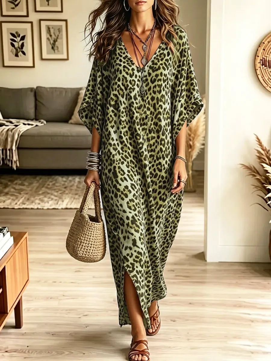 Retro Leopard Pattern Art Print Casual Stylish Cotton Linen Maxi Dress
