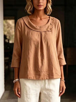 Elegant Round Collar Stylish 3/4 Sleeve Art Casual Cotton Linen Shirt