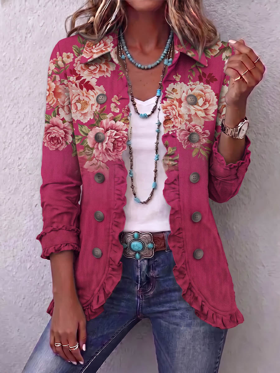 Vintage Elegant Pattern Patchwork Ruffled Jacket