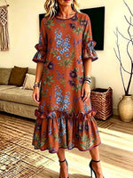 Retro Floral Pattern Art Print Casual Ruffle Stylish Cotton Linen Dress