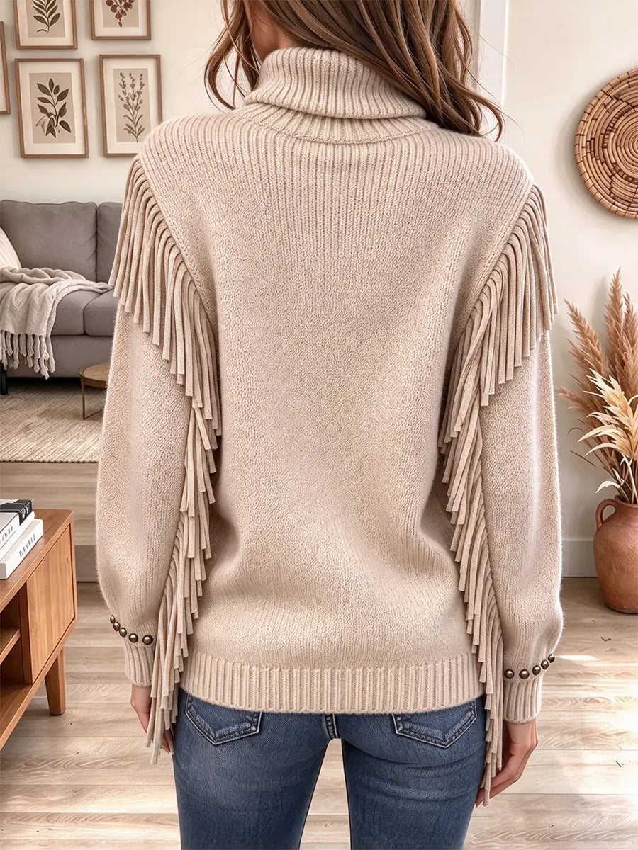 Retro Western Fringe Turtleneck Art Casual Stylish Long Sleeve Sweater