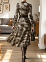 Vintage Chic Diamond Print Lapel Art Casual Stylish Long Sleeve Dress