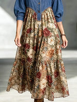 Retro Floral Pattern Art Print Casual Stylish Peter Pan Collar Denim Chiffon Patchwork Dress