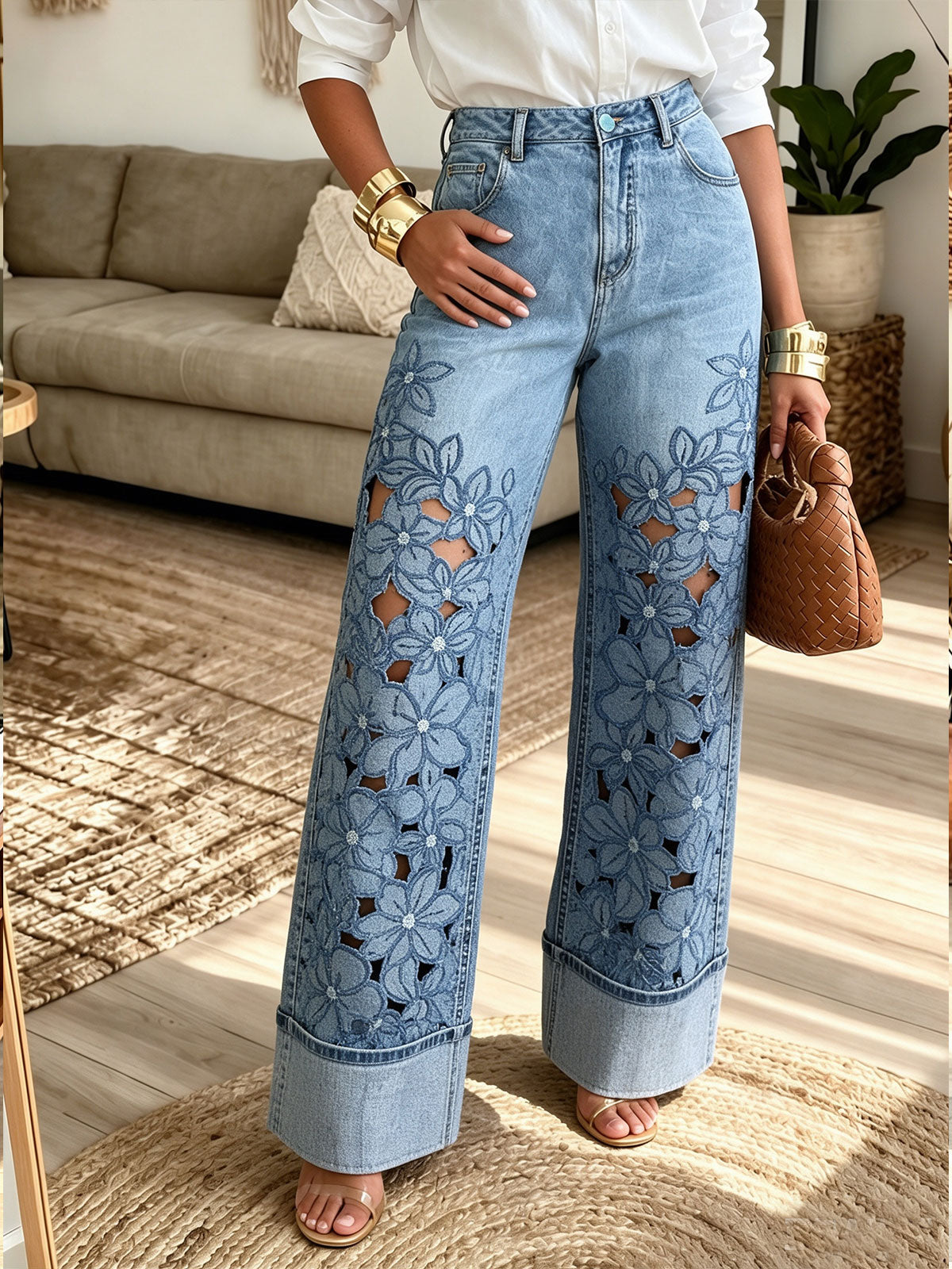 Women's Floral Embroidery Wide Leg Jeans, High Waist Lace Denim Pants With Turn Up Hem