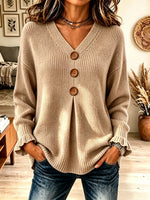 Women's Big Button Pleated V-Neck Knit Sweater