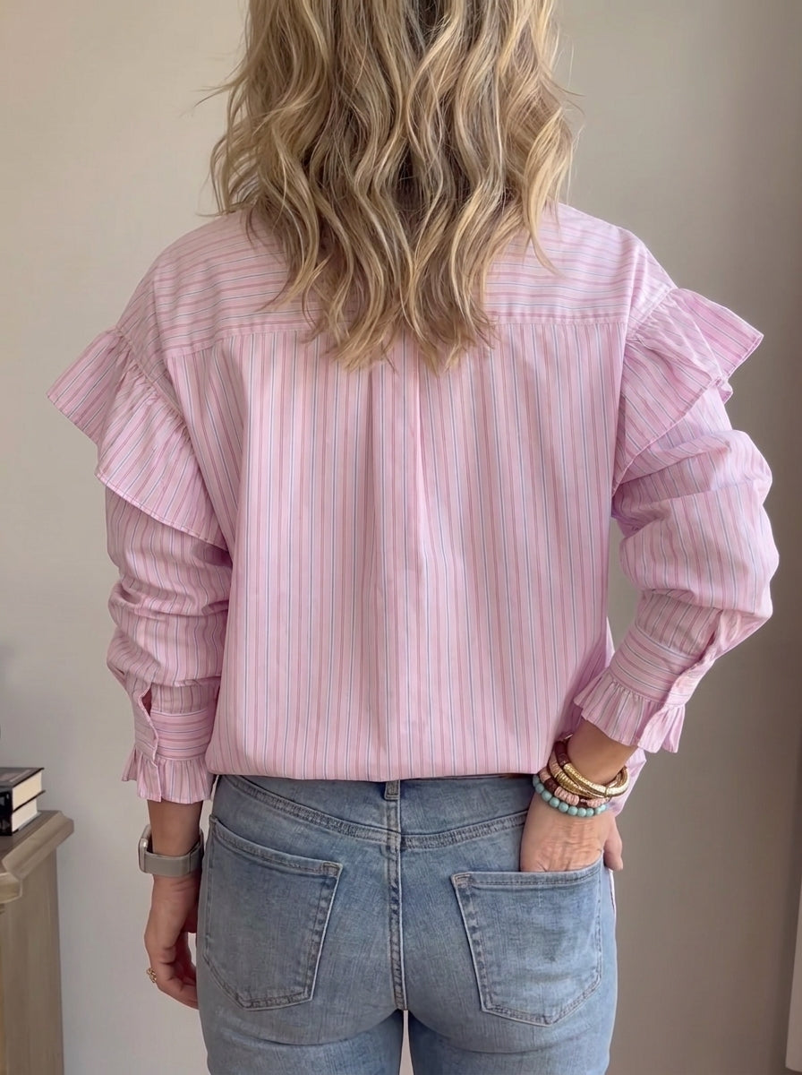 Women Striped Ruffle Shirt Stand Collar Long Sleeve Button Down Loose Blouse