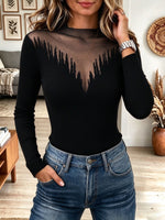 Women's Black Ribbed Knit Top with Sheer V-Mesh Yoke
