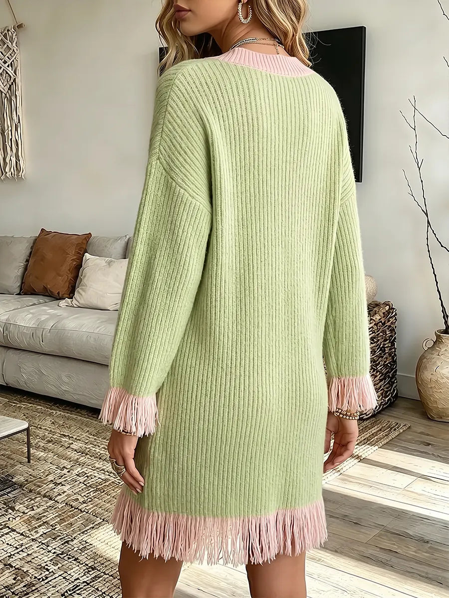 Vintage Elegant Knitted Fabric Patchwork Tassel Dress