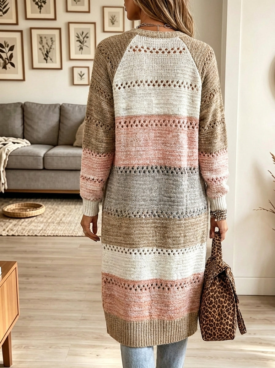 Women's Striped Open-Knit Longline Duster Cardigan