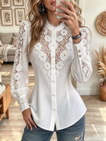 Women's Floral Applique Lace Long Sleeve Button Down Fitted Blouse