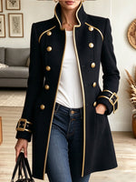 Women's Military Style Long Coat Stand Collar Gold Trim Double Breasted Trench