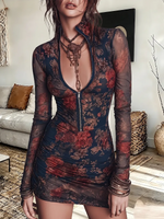 Vintage Elegant Mesh Floral Zipper Dress