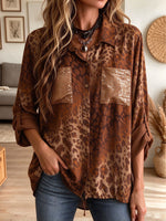 Women Leopard Print Shirt with Sequin Pockets Roll-up Long Sleeve Blouse