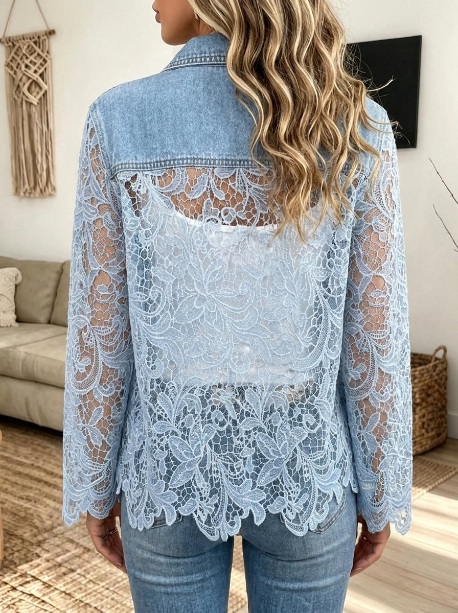 Women Lace Spliced Denim Jacket Stand Collar Button Down Long Sleeve Ruffle Trim Outerwear