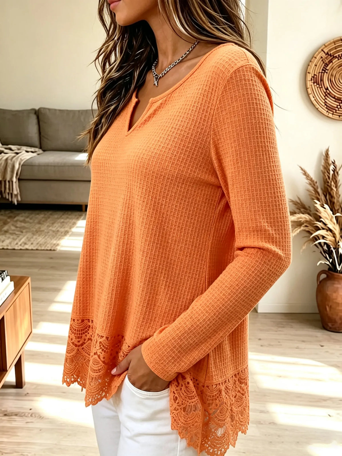 Women's Split Neck Crochet Hem Tunic Top