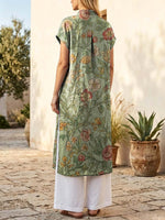 Retro Floral Pattern Art Print Casual Side Slits Stylish Cotton Linen Shirt