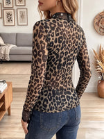 Vintage Elegant Leopard Patchwork Sheer Mesh Sparkling Shirt