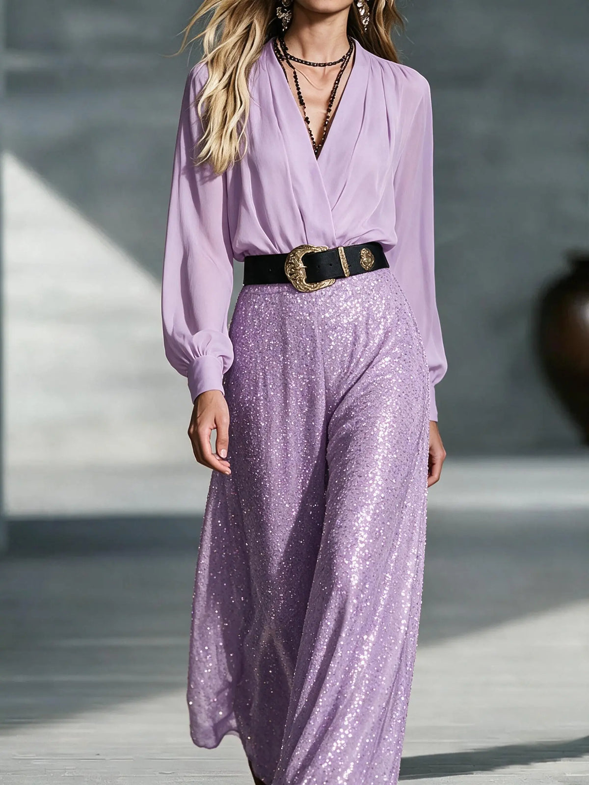 Glamorous V-Neck Long Sleeve Sequin Jumpsuit with Belt