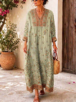 Retro Floral Pattern Art Print Casual V-neck Cotton Linen Maxi Dress