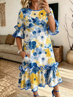 Women Watercolor Floral Midi Dress Ruffle Short Sleeve Crew Neck Loose Dress With Pockets