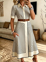 Women's Geometric Stripe Shirt Midi Dress With Belt And Pockets