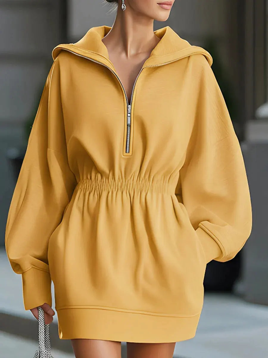 Retro Solid Color Hooded Art Casual Stylish Short Sweatshirt Mini Dress