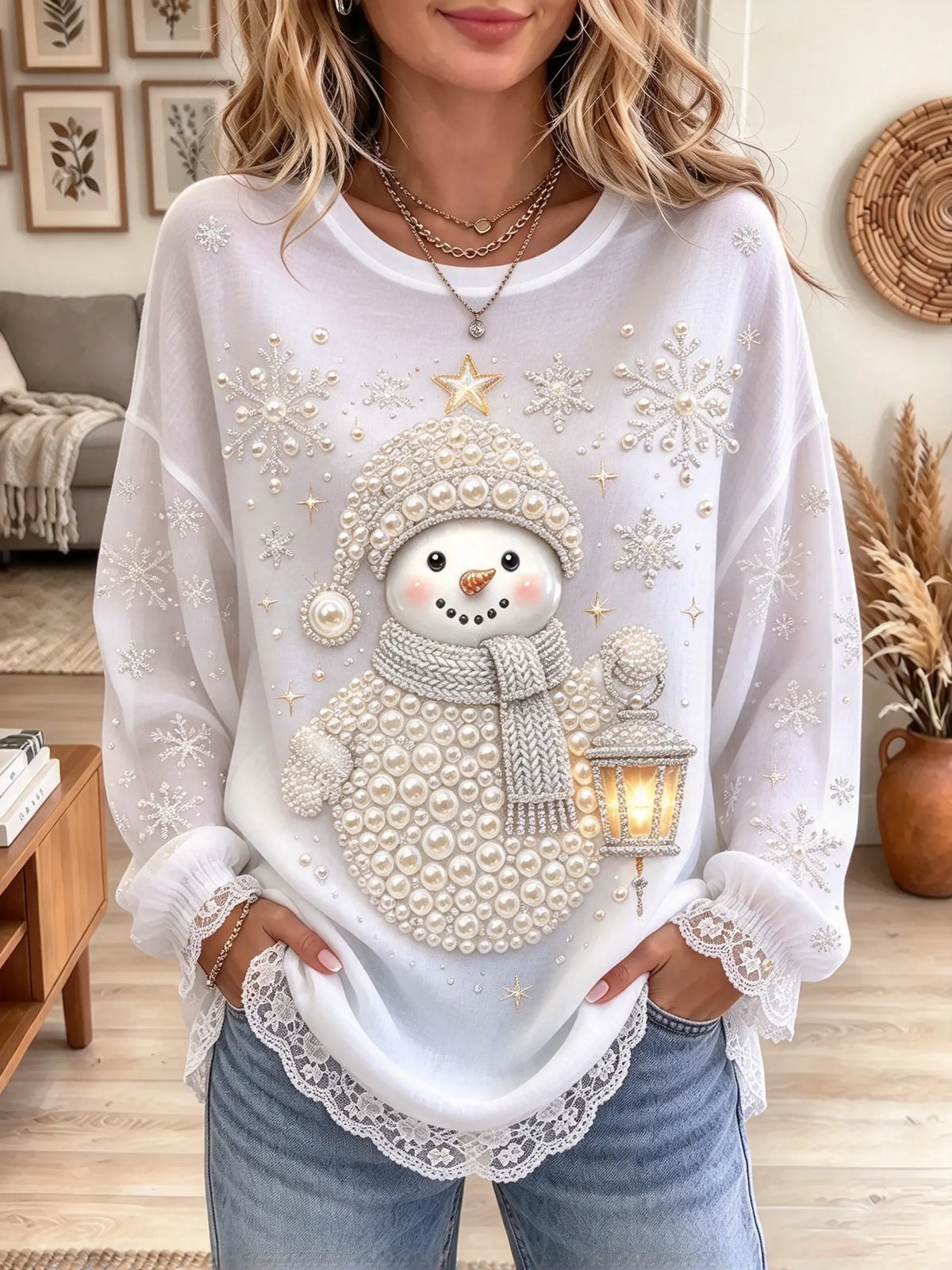 Women's Beaded Snowman Graphic Print Lace Trim Top